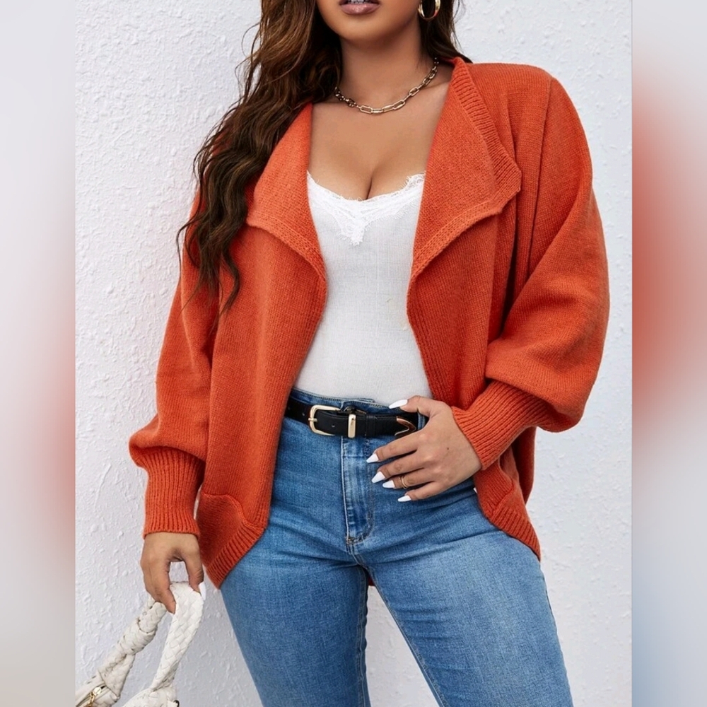 * NEW Boho Chic Waterfall Collar Ribbed Knit Cardigan Sweater PLUS Burnt Orange